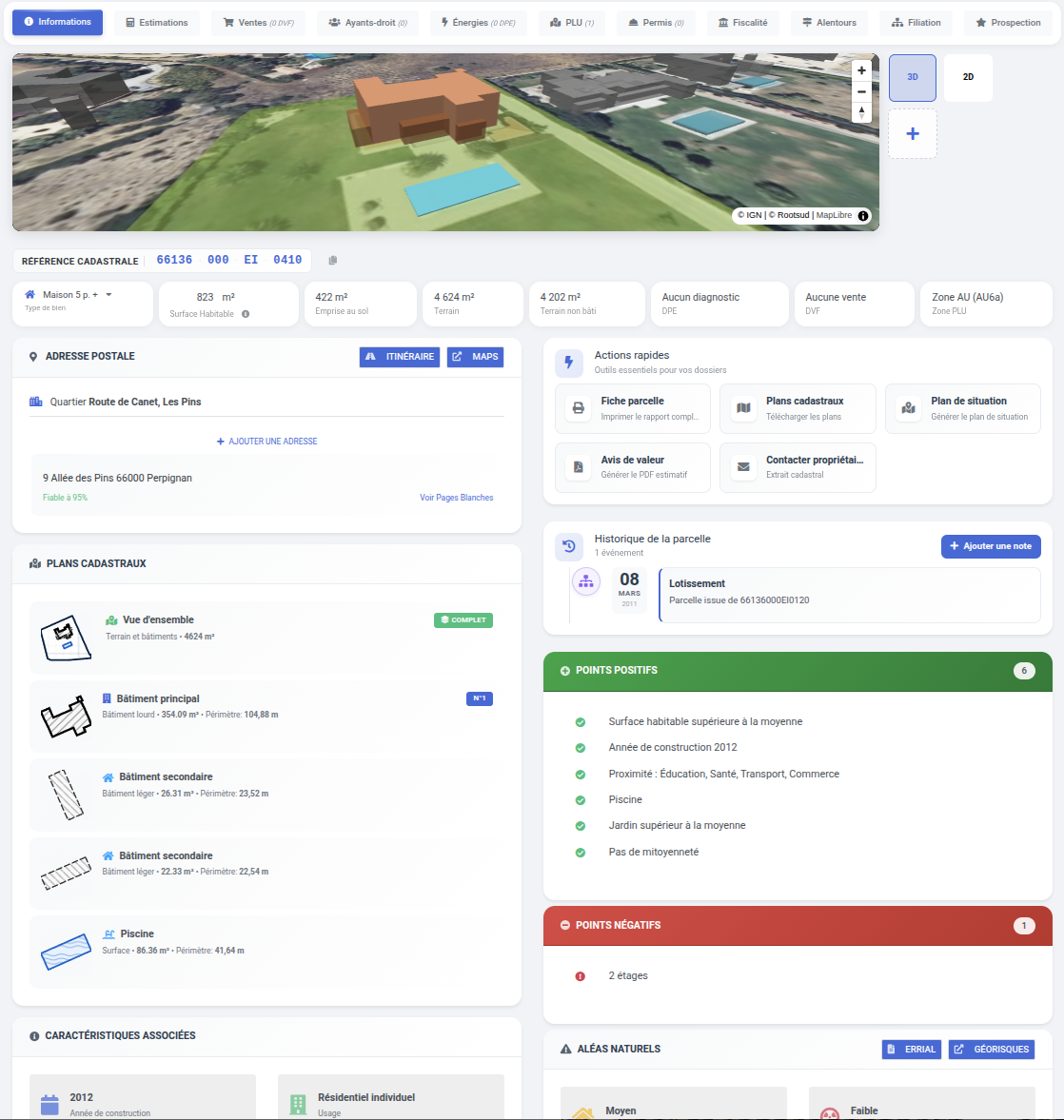Recherche cadastre, Surface parcelle, DVF, PLU et DPE.